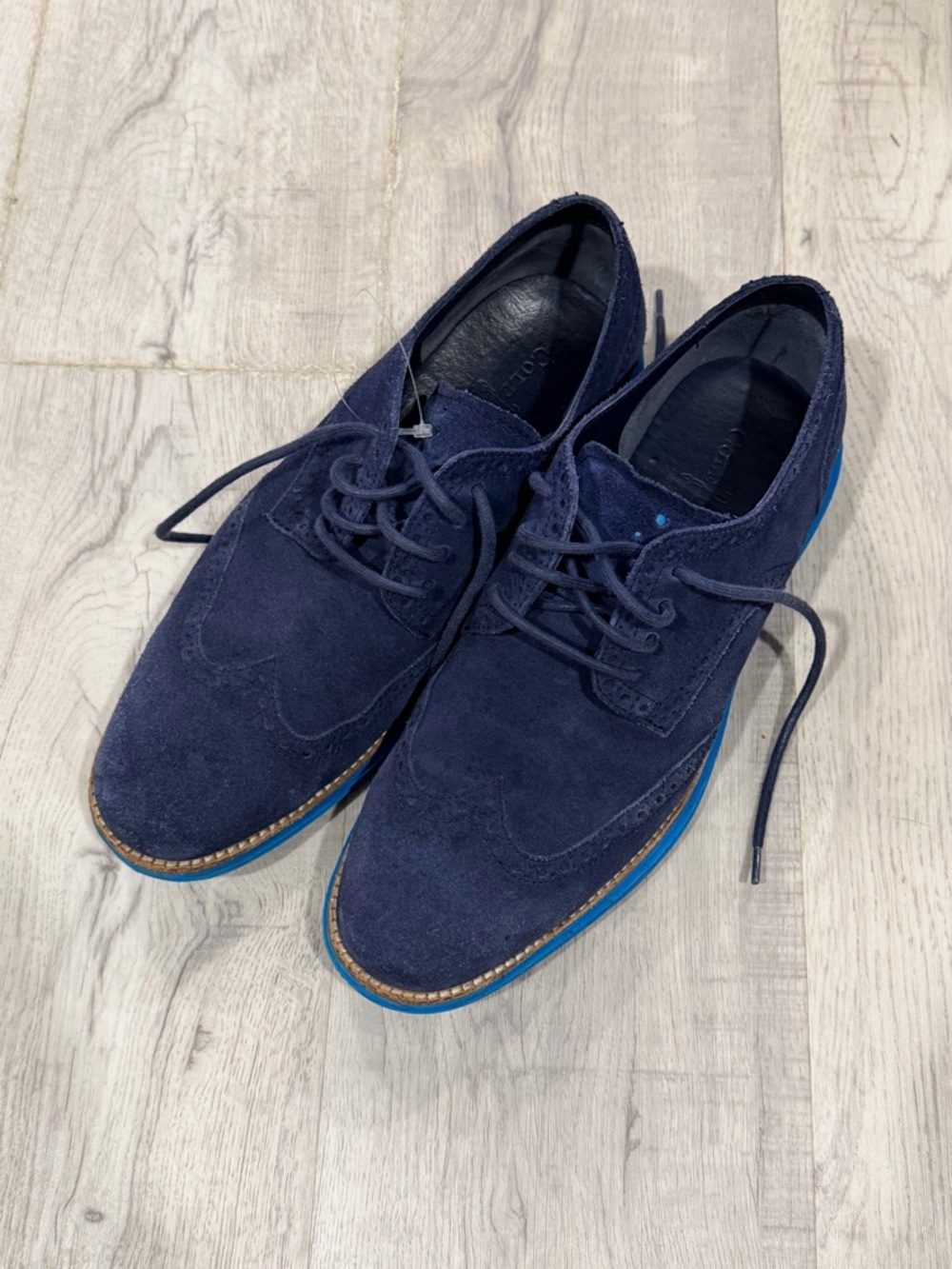 Cole Haan Navy Suede Wingtip Derbys with Blue Trim